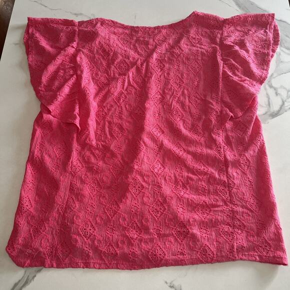 French Laundry Plus Size 2X Pink V Neck Short Ruffle Sleeve Blouse Embroidered - Picture 10 of 11